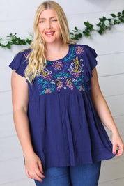 Navy Floral Embroidered Flutter Sleeve Top | Daverri Fashions
