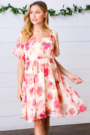 Peach Floral Chiffon Puff Sleeve Dress | Daverri Fashions