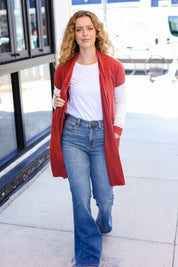 Casual Days Rust Lace Sleeve Front Pocket Hacci Cardigan | 2024 Blow-Out Sale Daverri Fashions