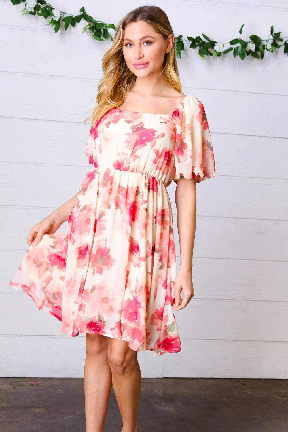 Peach Floral Chiffon Puff Sleeve Dress | Daverri Fashions