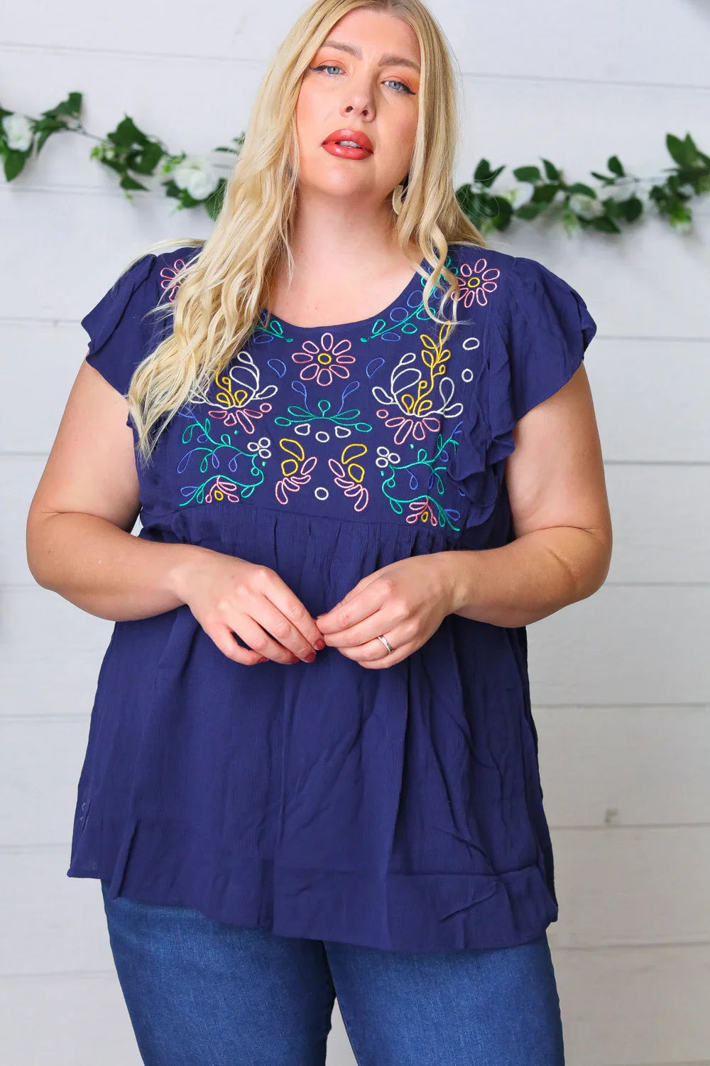 Navy Floral Embroidered Flutter Sleeve Top | Daverri Fashions