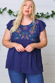 Navy Floral Embroidered Flutter Sleeve Top | Daverri Fashions