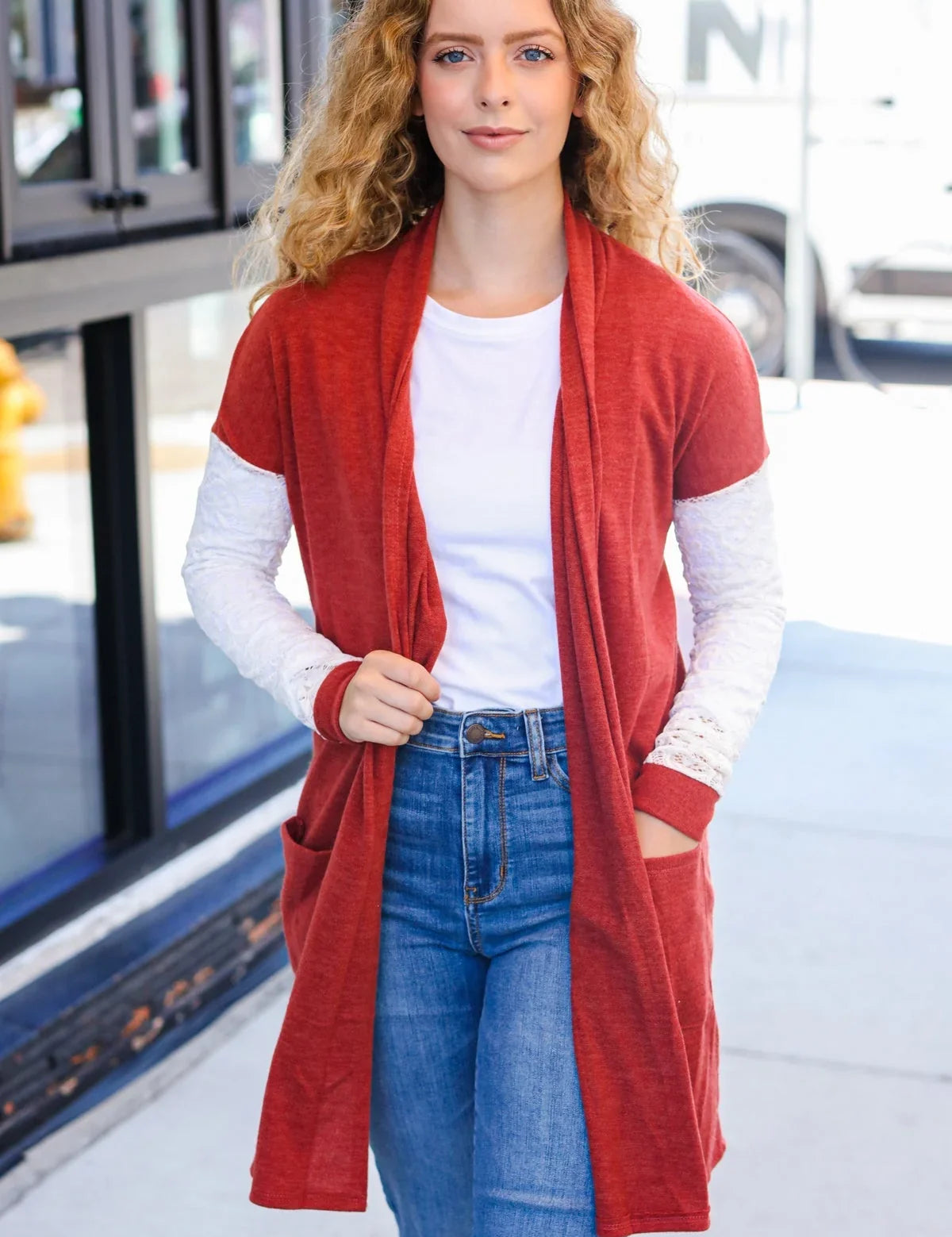 Casual Days Rust Lace Sleeve Front Pocket Hacci Cardigan | 2024 Blow-Out Sale Daverri Fashions