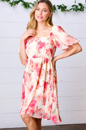 Peach Floral Chiffon Puff Sleeve Dress | Daverri Fashions