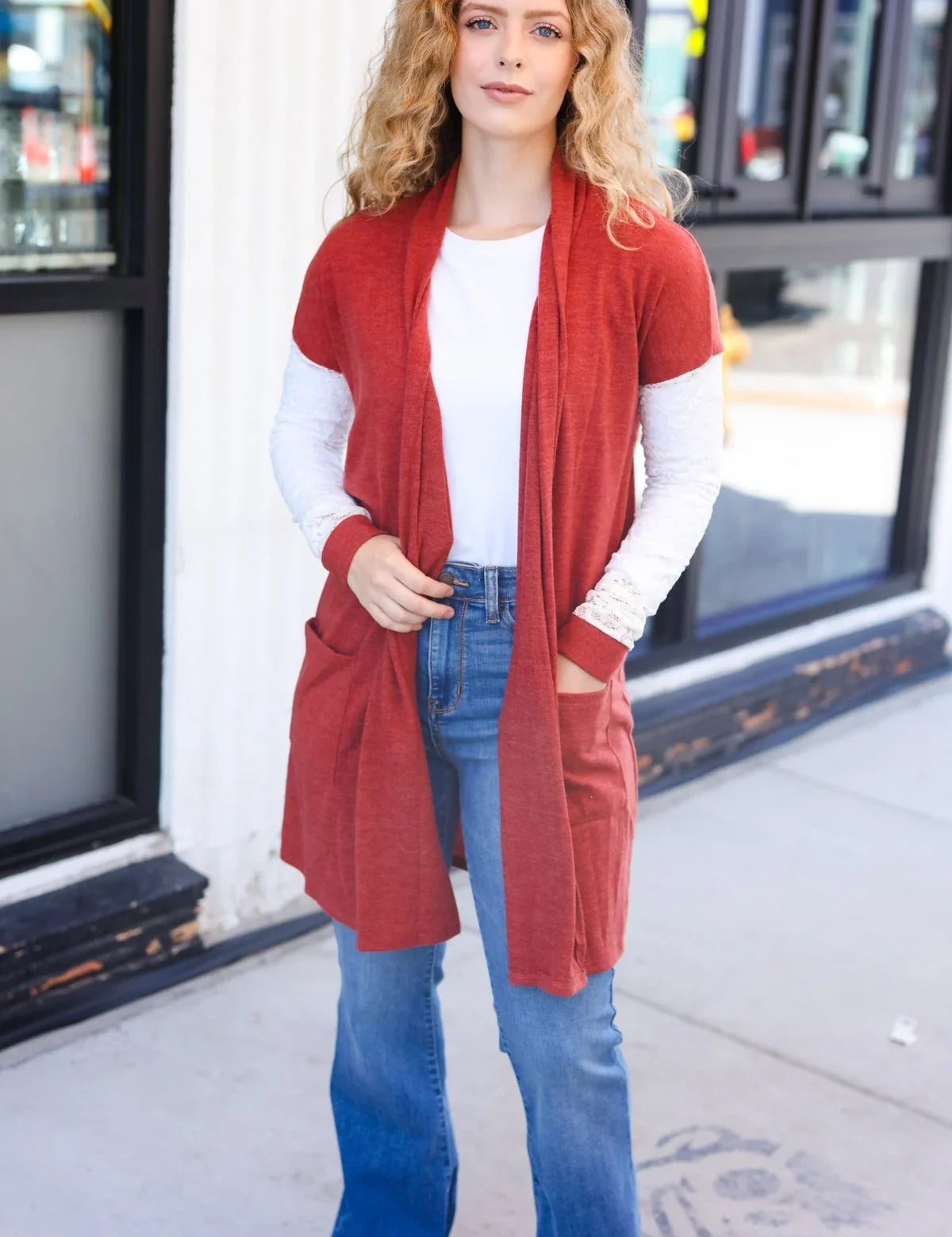 Casual Days Rust Lace Sleeve Front Pocket Hacci Cardigan | 2024 Blow-Out Sale Daverri Fashions