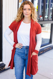 Casual Days Rust Lace Sleeve Front Pocket Hacci Cardigan | 2024 Blow-Out Sale Daverri Fashions