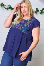 Navy Floral Embroidered Flutter Sleeve Top | Daverri Fashions