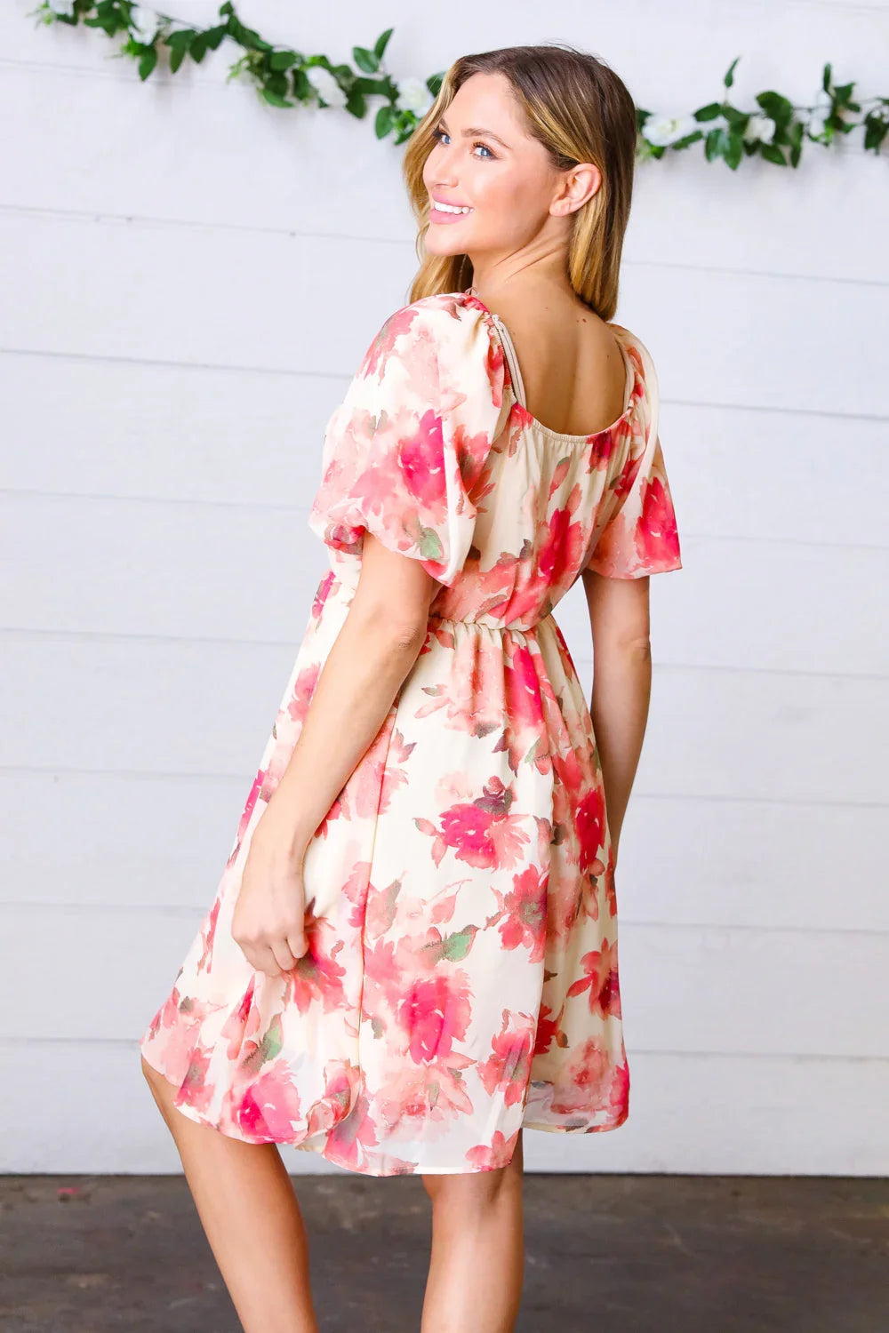 Peach Floral Chiffon Puff Sleeve Dress | Daverri Fashions