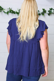 Navy Floral Embroidered Flutter Sleeve Top | Daverri Fashions