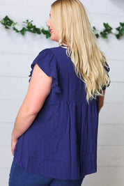 Navy Floral Embroidered Flutter Sleeve Top | Daverri Fashions