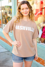 Taupe Pop-Up Embroidered "NASHVILLE" Ribbed Top | Daverri Fashions