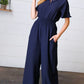 Dark Blue Smocked Waist Notch Neck Crepe Jumpsuit - DAVERRI FASHIONS