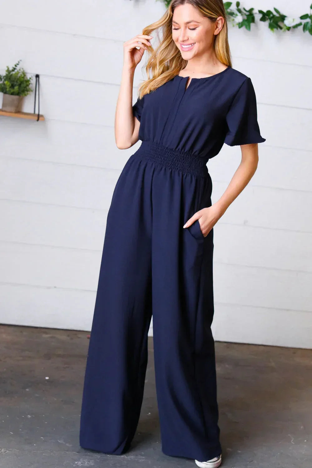 Dark Blue Smocked Waist Notch Neck Crepe Jumpsuit - DAVERRI FASHIONS