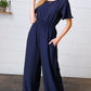 Dark Blue Smocked Waist Notch Neck Crepe Jumpsuit - DAVERRI FASHIONS