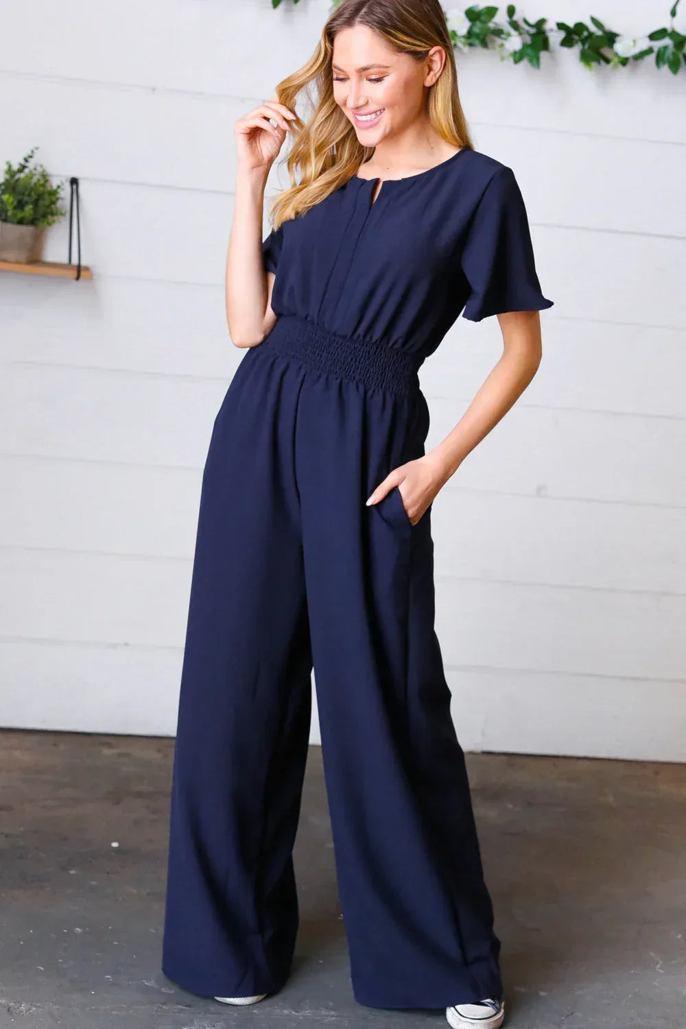 Dark Blue Smocked Waist Notch Neck Crepe Jumpsuit - DAVERRI FASHIONS