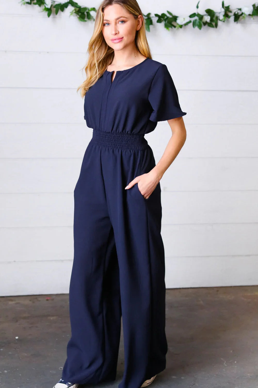 Dark Blue Smocked Waist Notch Neck Crepe Jumpsuit | Daverri Fashions