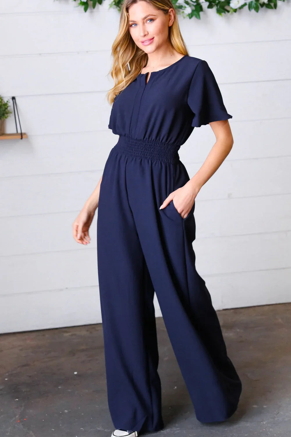Dark Blue Smocked Waist Notch Neck Crepe Jumpsuit | Daverri Fashions