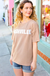Taupe Pop-Up Embroidered "NASHVILLE" Ribbed Top | Daverri Fashions