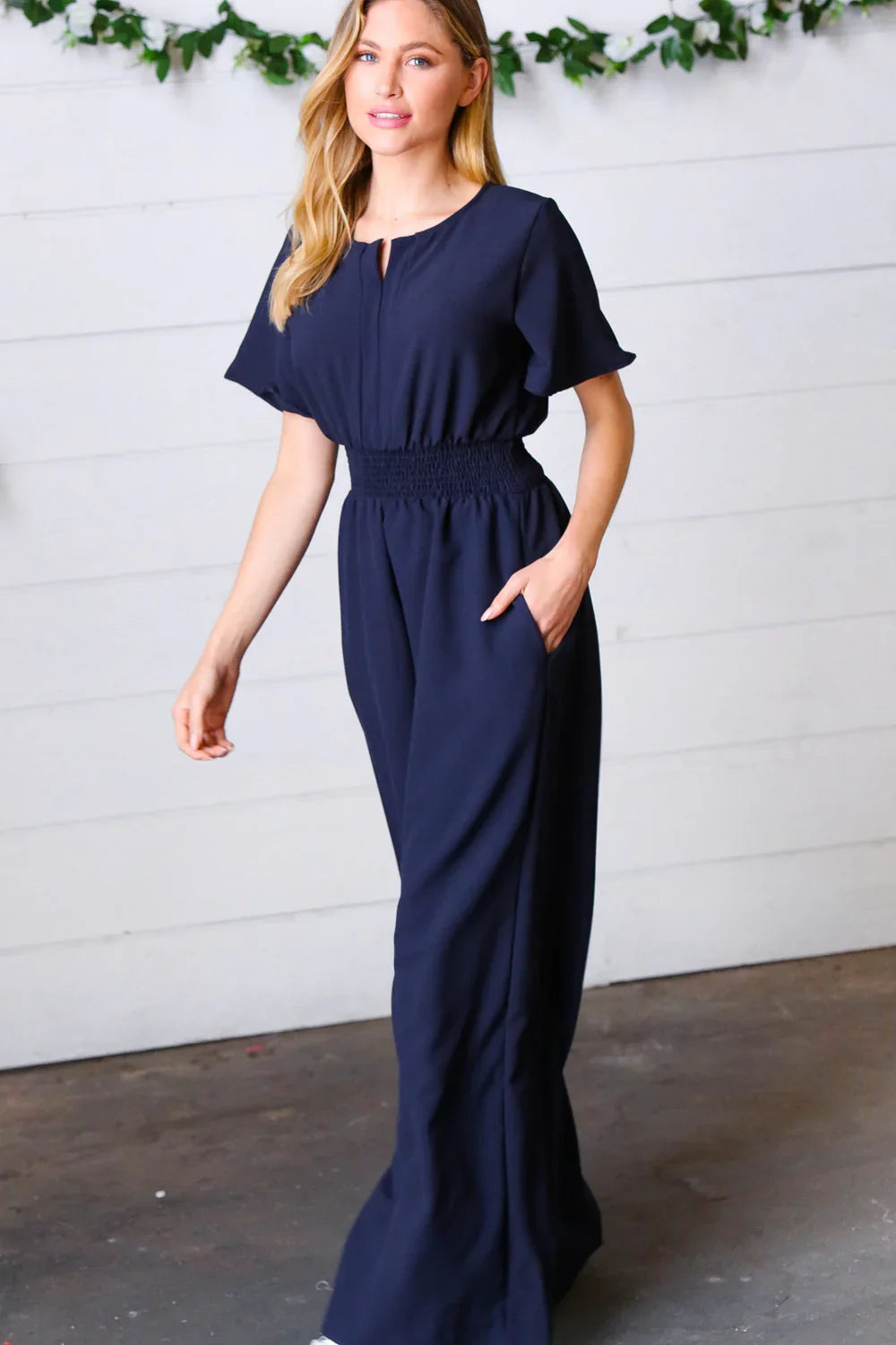 Dark Blue Smocked Waist Notch Neck Crepe Jumpsuit | Daverri Fashions