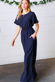 Dark Blue Smocked Waist Notch Neck Crepe Jumpsuit | Daverri Fashions