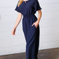 Dark Blue Smocked Waist Notch Neck Crepe Jumpsuit - DAVERRI FASHIONS
