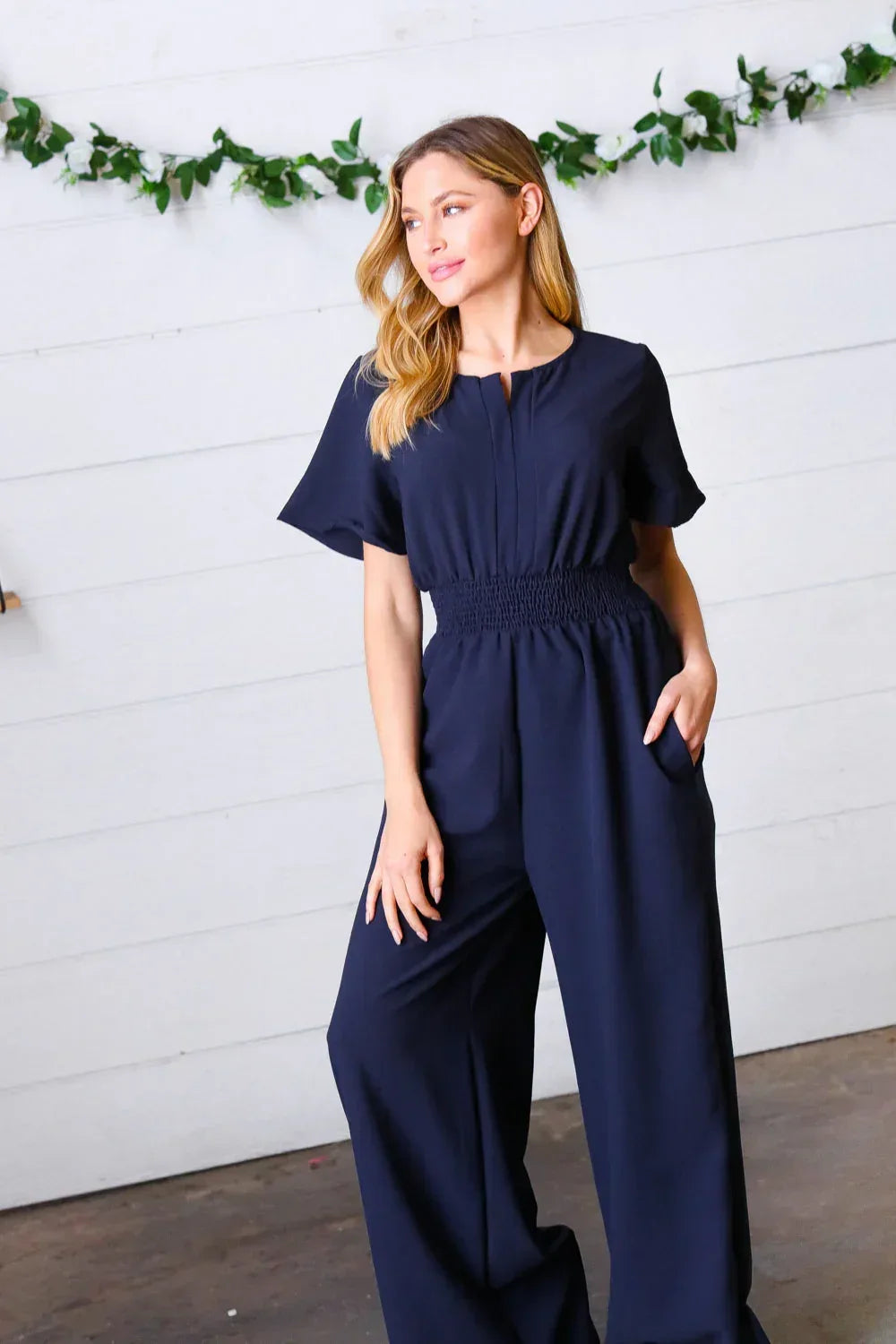 Dark Blue Smocked Waist Notch Neck Crepe Jumpsuit - DAVERRI FASHIONS