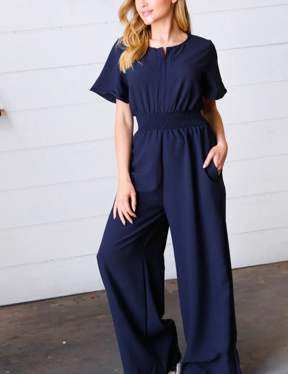 Dark Blue Smocked Waist Notch Neck Crepe Jumpsuit | Daverri Fashions