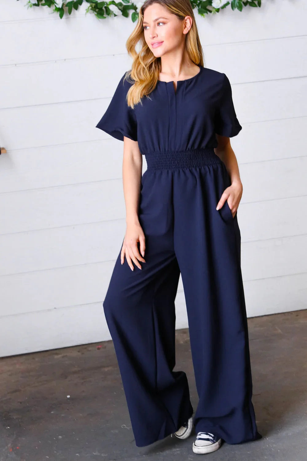 Dark Blue Smocked Waist Notch Neck Crepe Jumpsuit | Daverri Fashions