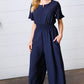 Dark Blue Smocked Waist Notch Neck Crepe Jumpsuit - DAVERRI FASHIONS