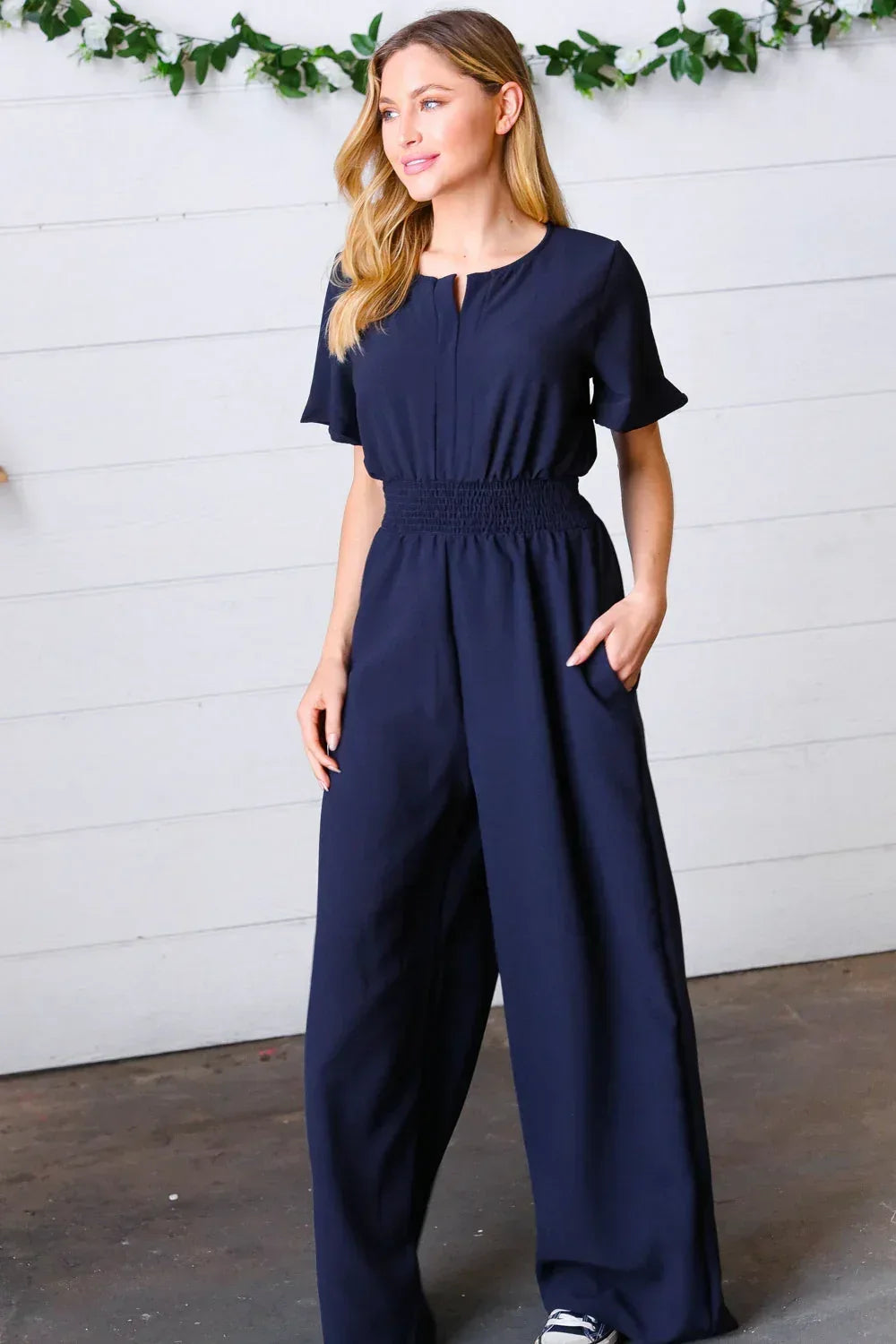 Dark Blue Smocked Waist Notch Neck Crepe Jumpsuit - DAVERRI FASHIONS