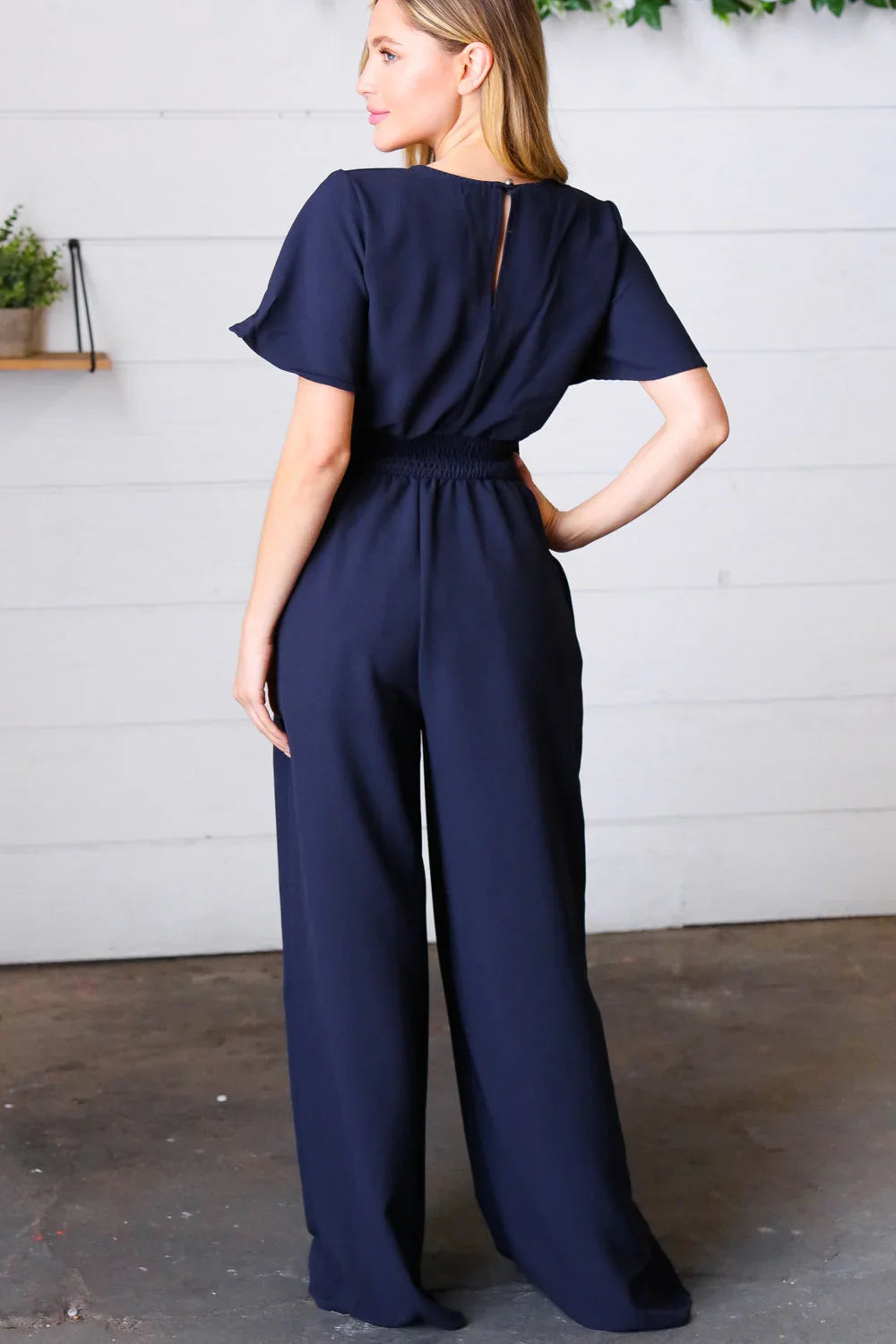 Dark Blue Smocked Waist Notch Neck Crepe Jumpsuit | Daverri Fashions