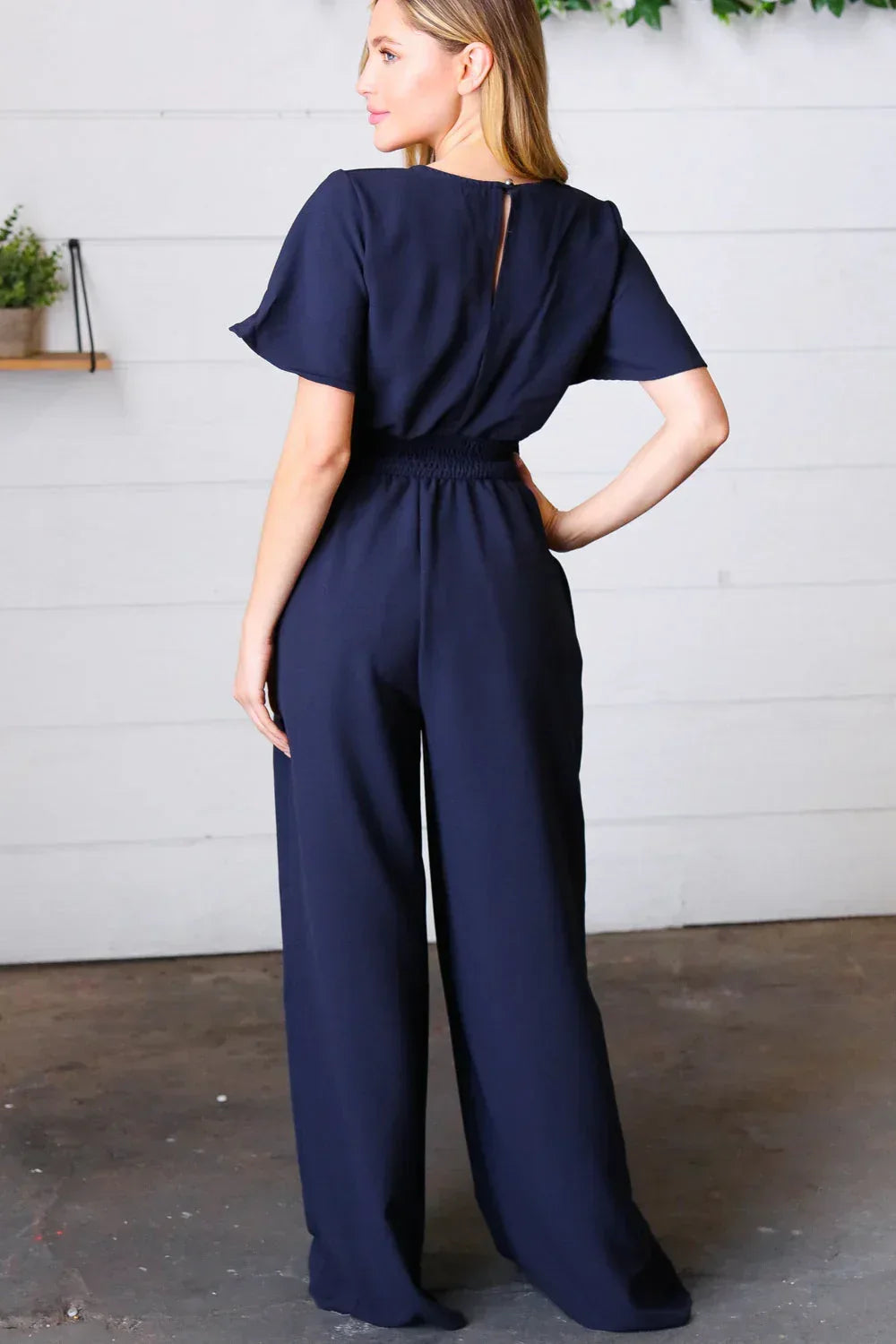 Dark Blue Smocked Waist Notch Neck Crepe Jumpsuit - DAVERRI FASHIONS