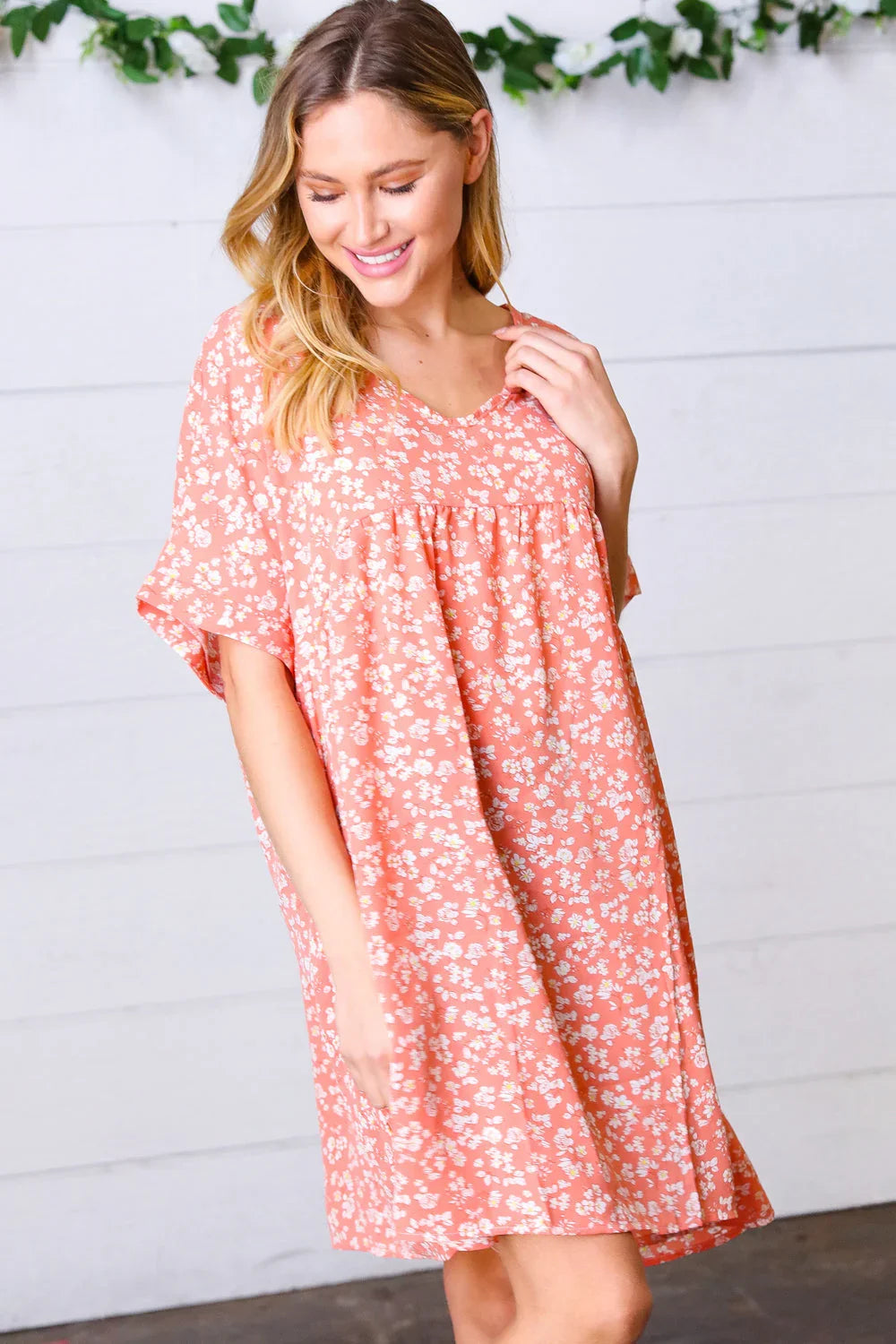 Peach Ditzy Floral Woven Dolman V Neck Dress | Daverri Fashions