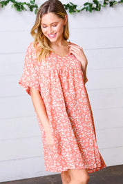 Peach Ditzy Floral Woven Dolman V Neck Dress | Daverri Fashions
