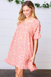 Peach Ditzy Floral Woven Dolman V Neck Dress | Daverri Fashions
