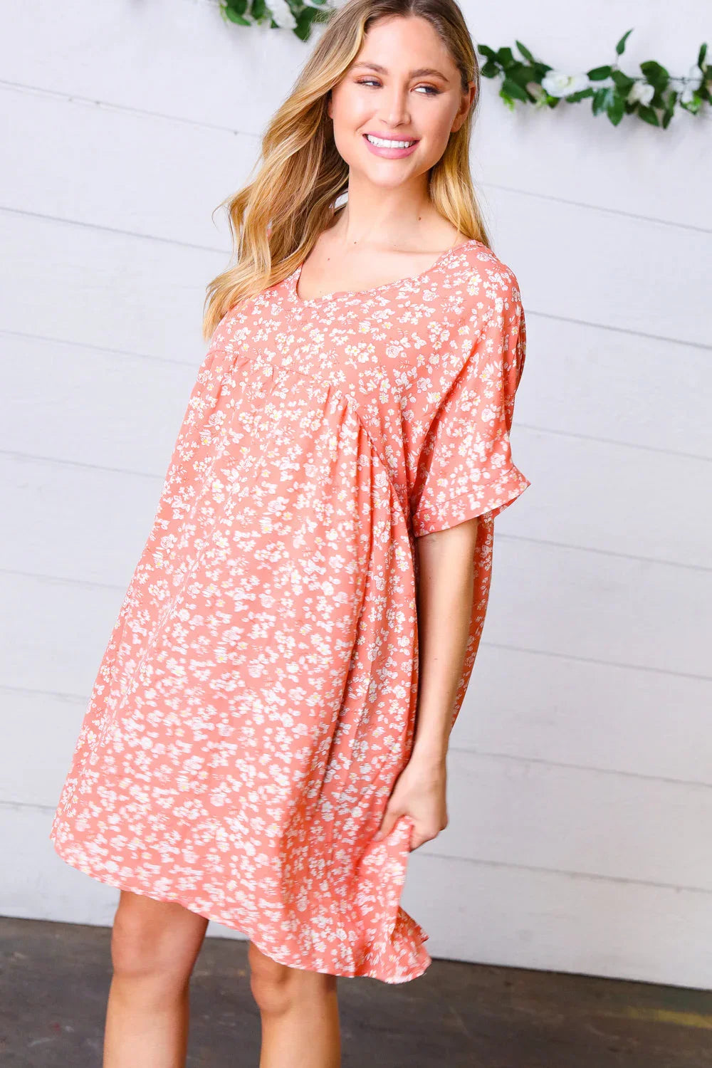 Peach Ditzy Floral Woven Dolman V Neck Dress | Daverri Fashions