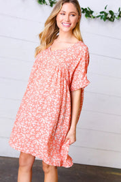 Peach Ditzy Floral Woven Dolman V Neck Dress | Daverri Fashions