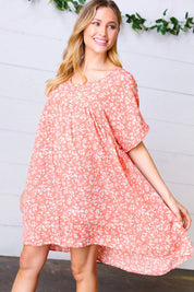 Peach Ditzy Floral Woven Dolman V Neck Dress | Daverri Fashions
