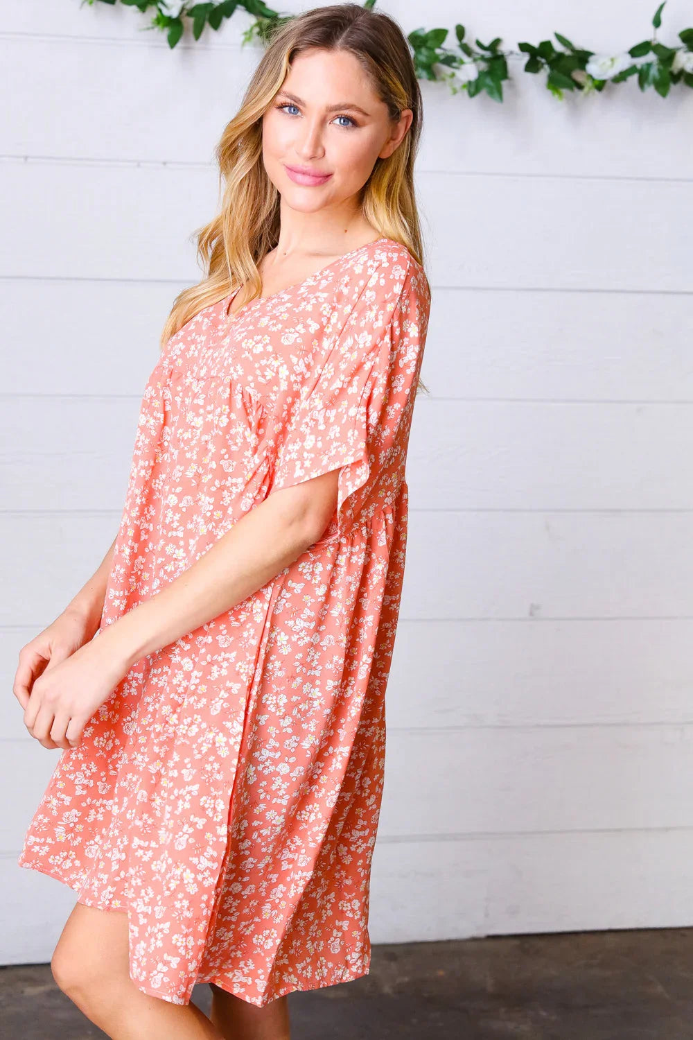 Peach Ditzy Floral Woven Dolman V Neck Dress | Daverri Fashions