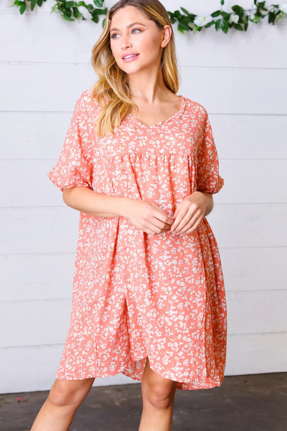 Peach Ditzy Floral Woven Dolman V Neck Dress | Daverri Fashions