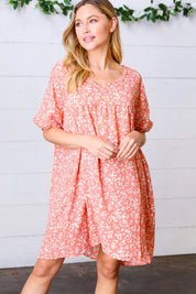 Peach Ditzy Floral Woven Dolman V Neck Dress | Daverri Fashions