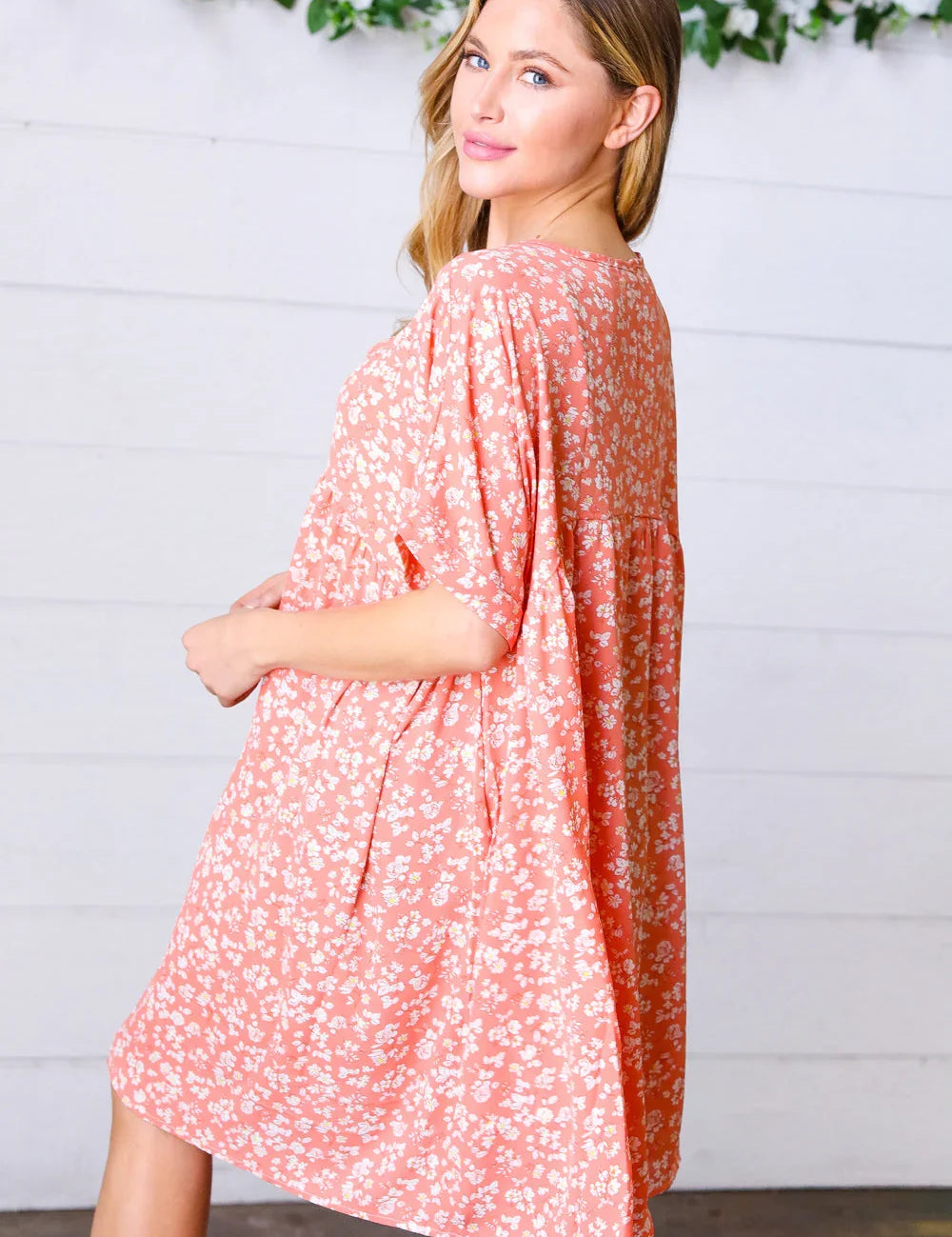 Peach Ditzy Floral Woven Dolman V Neck Dress | Daverri Fashions
