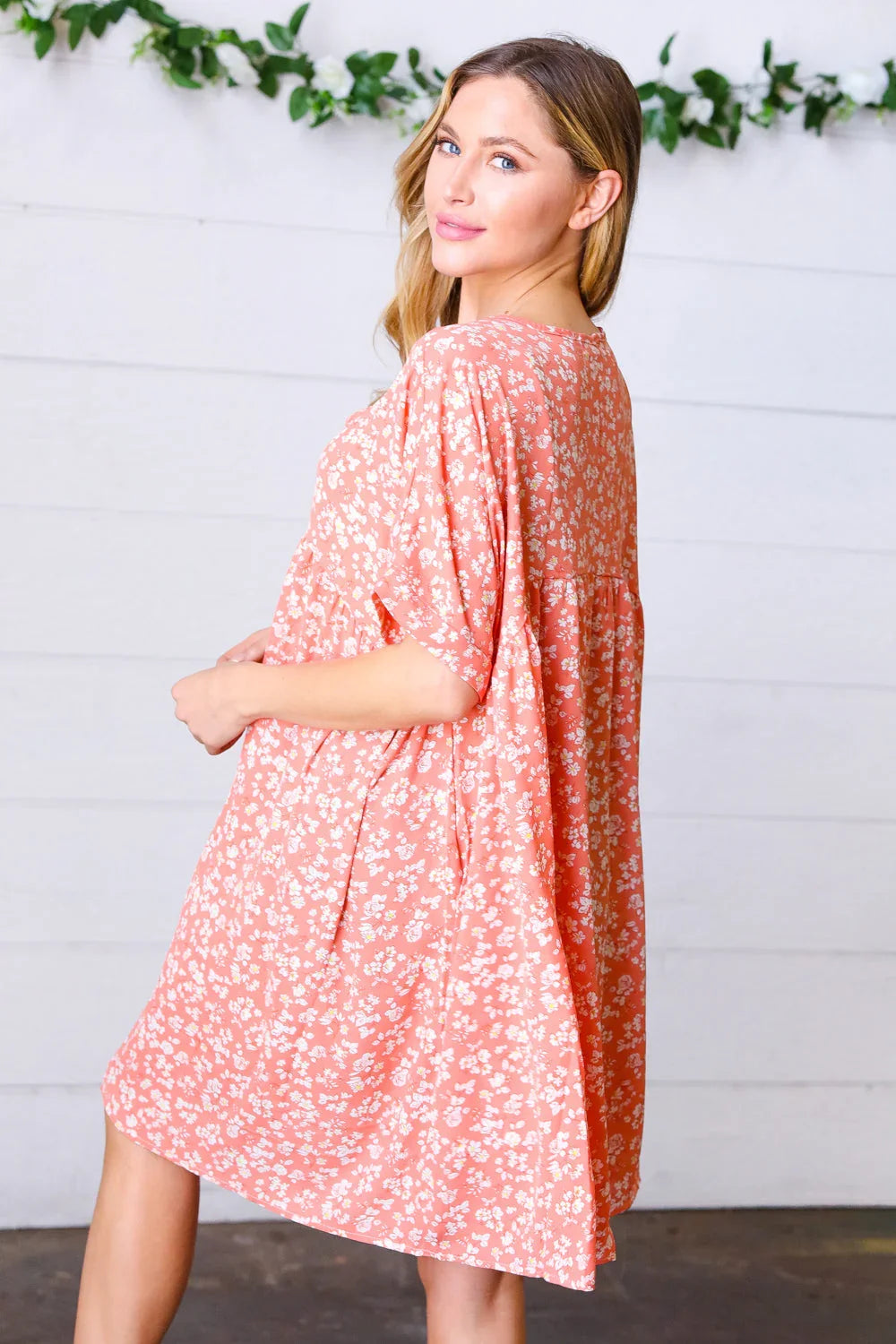 Peach Ditzy Floral Woven Dolman V Neck Dress | Daverri Fashions