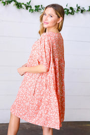 Peach Ditzy Floral Woven Dolman V Neck Dress | Daverri Fashions