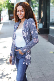Boho Vibes Charcoal Tribal Print Terry Open Cardigan | Daverri Fashions