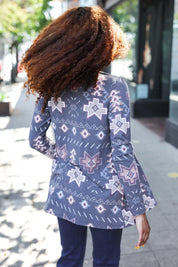 Boho Vibes Charcoal Tribal Print Terry Open Cardigan | Daverri Fashions