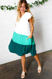 Seafoam & Emerald Tiered Frill Sleeve Midi Dress | Daverri Fashions