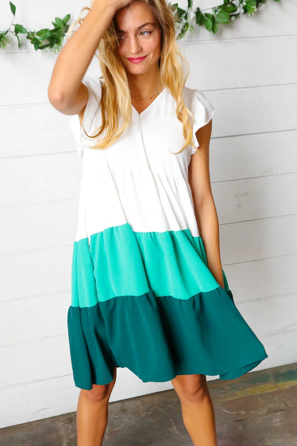Seafoam & Emerald Tiered Frill Sleeve Midi Dress | Daverri Fashions