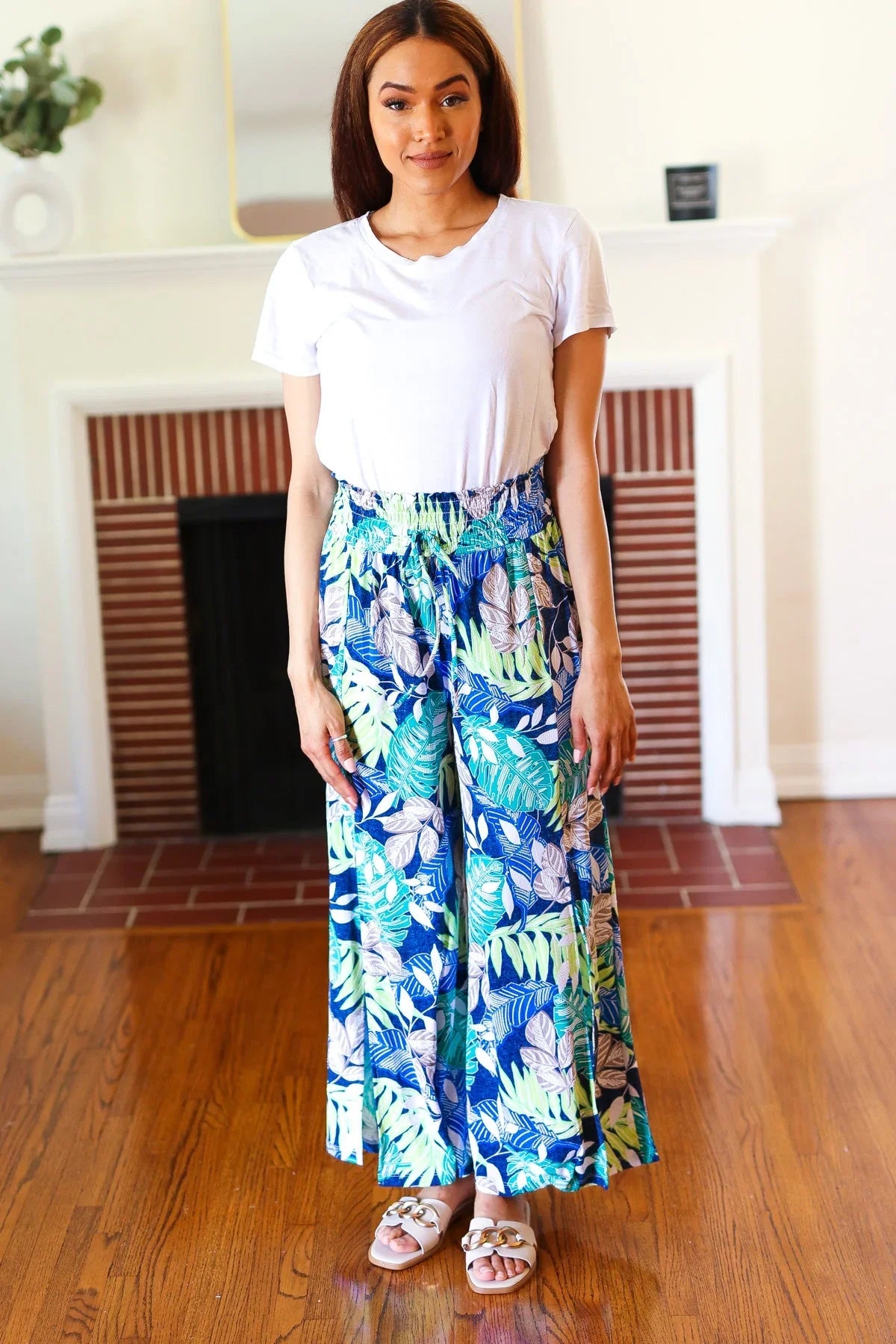 Tropical Boho Smocked Waist Side Slit Palazzo Pants | Daverri Fashions