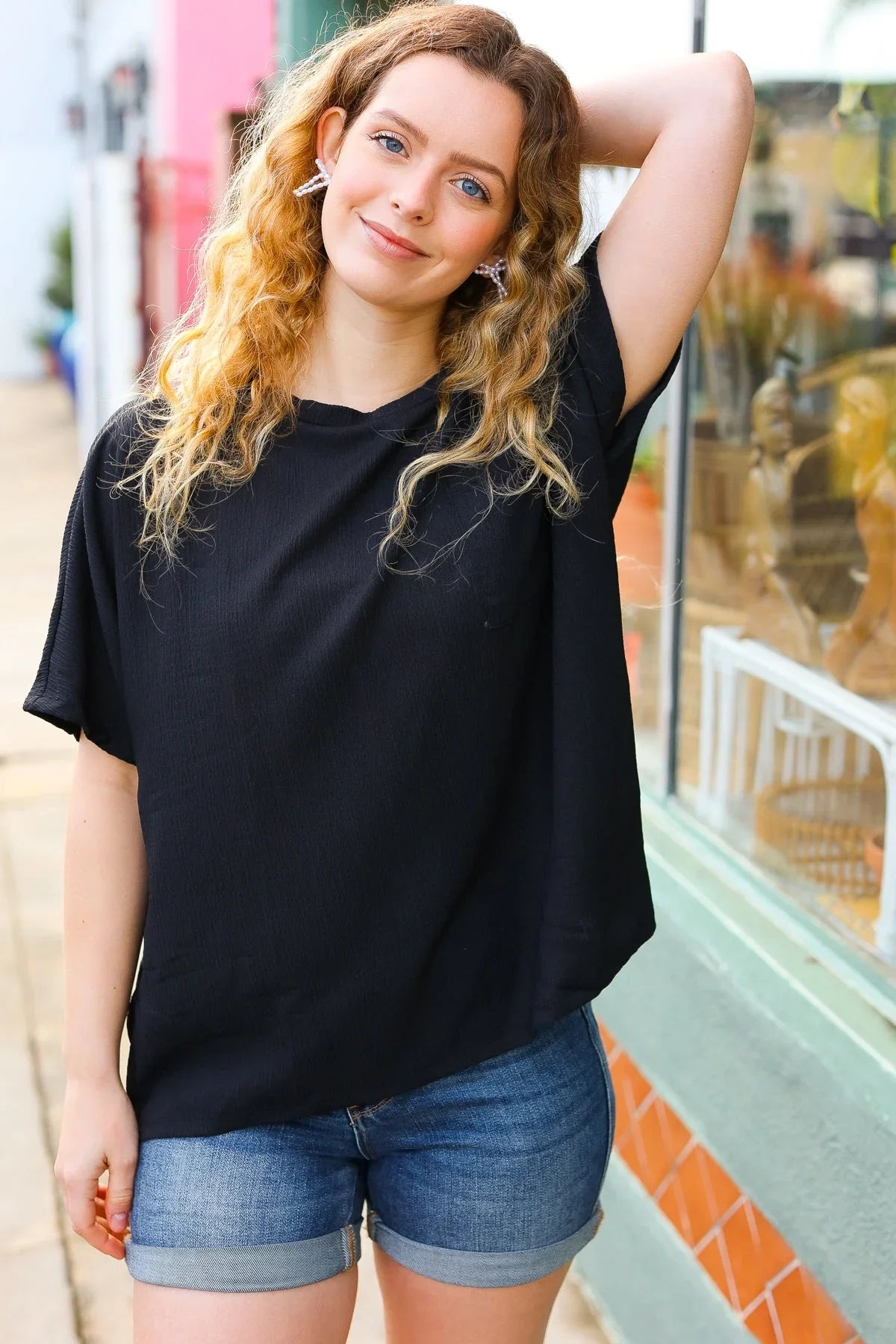 Be Bold Black Crinkle Texture Pocketed Dolman Top | 07-01-25 Summer Sale Daverri Fashions